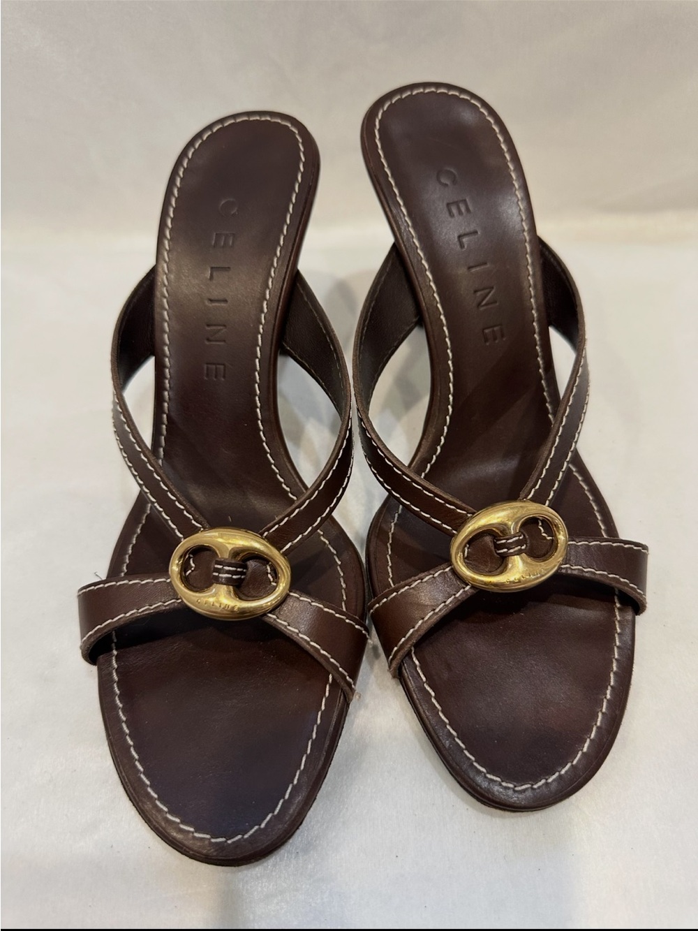 Celine Dark Brown Leather Mules with Gold-Tone Oval Hardware